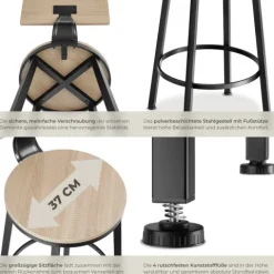 tectake Barhocker Set 4er Industrie-Stil Spanplatte stabil Pulverbeschichtung Rückenlehne komfortabel Farbe Industrial Light