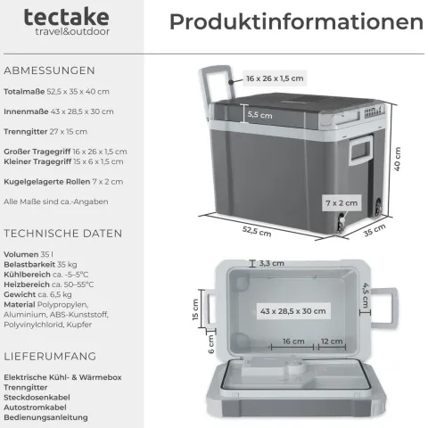 tectake Elektrische Kühl- und Wärmebox Grau - 35l mit Rollen - ECO-Modus - 52,5x35x40 cm