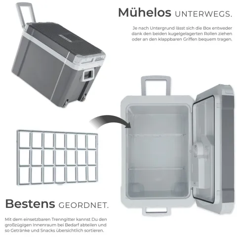 tectake Elektrische Kühl- und Wärmebox Grau - 35l mit Rollen - ECO-Modus - 52,5x35x40 cm