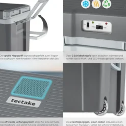 tectake Elektrische Kühl- und Wärmebox Grau - 35l mit Rollen - ECO-Modus - 52,5x35x40 cm