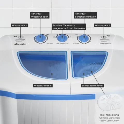 tectake Mini-Waschmaschine 4,5 kg, 3,5 kg Schleuder - Energieeffizient - Blau/Weiß, 65x40x75 cm Blau/Weiß