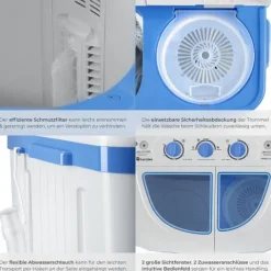 tectake Mini-Waschmaschine 4,5 kg, 3,5 kg Schleuder - Energieeffizient - Blau/Weiß, 65x40x75 cm Blau/Weiß