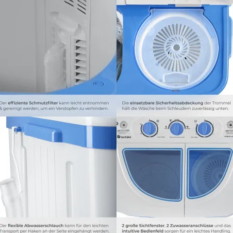 tectake Mini-Waschmaschine 4,5 kg, 3,5 kg Schleuder - Energieeffizient - Blau/Weiß, 65x40x75 cm Blau/Weiß