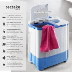 tectake Mini-Waschmaschine 4,5 kg, 3,5 kg Schleuder - Energieeffizient - Blau/Weiß, 65x40x75 cm Blau/Weiß