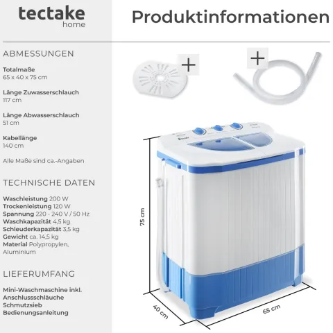 tectake Mini-Waschmaschine 4,5 kg, 3,5 kg Schleuder - Energieeffizient - Blau/Weiß, 65x40x75 cm Blau/Weiß