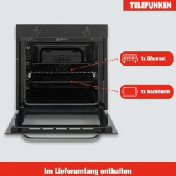Telefunken Backofen Einbaubackofen autark 78 Liter Hot Air Shield 60 cm Einbau Ofen ohne Kochfeld Schwarz