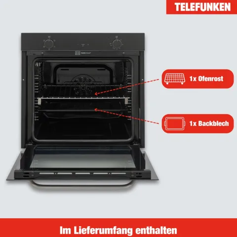 Telefunken Backofen Einbaubackofen autark 78 Liter Hot Air Shield 60 cm Einbau Ofen ohne Kochfeld Schwarz