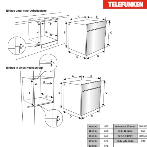 Telefunken Backofen Einbaubackofen autark 78 Liter Hot Air Shield 60 cm Einbau Ofen ohne Kochfeld Schwarz