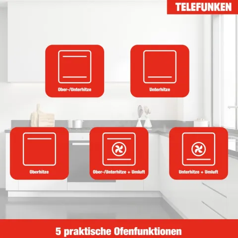 Telefunken Backofen Einbaubackofen autark 78 Liter Hot Air Shield 60 cm Einbau Ofen ohne Kochfeld Schwarz