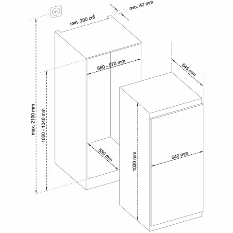 Telefunken EK102S160E Einbaukühlschrank ohne Gefrierfach 102cm Nische Schlepptür-Technik 154 Liter Nutzinhalt