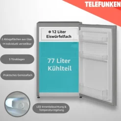 Telefunken Kühlschrank mit Gefrierfach (nur für Eiswürfel) 89 Liter klein und freistehend CF-33-101-S2 silber