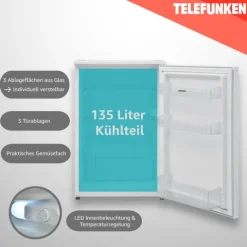 Telefunken Kühlschrank ohne Gefrierfach freistehend 135 Liter Kühlschrank klein mit Gemüsefach Standkühlschrank
