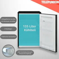 Telefunken Kühlschrank ohne Gefrierfach freistehend 135 Liter Kühlschrank klein mit Gemüsefach Standkühlschrank
