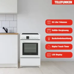 Telefunken Standherd mit Glaskeramik-Kochfeld Elektroherd freistehend 50 cm breit Herd mit Backofen und Kochfeld