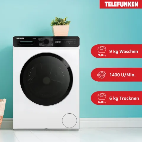 Telefunken Waschtrockner Kombi 9 kg Waschen / 6 kg Trocknen Waschmaschine mit Trockner integriert 1400 U/Min Weiß