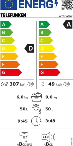 Telefunken Waschtrockner Kombi 9 kg Waschen / 6 kg Trocknen Waschmaschine mit Trockner integriert 1400 U/Min Weiß