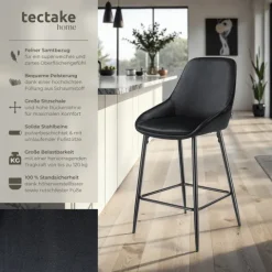 Thekenstuhl tectake Siera 49 x 54 x 100 cm, Belastbarkeit 120 kg gepolstert, weicher Bezug Samtoptik schwarz/schwarz