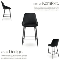 Thekenstuhl tectake Siera 49 x 54 x 100 cm, Belastbarkeit 120 kg gepolstert, weicher Bezug Samtoptik schwarz/schwarz