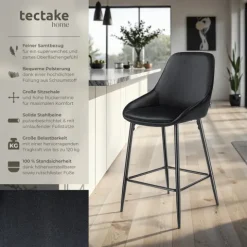 Thekenstuhl tectake Siera 49 x 54 x 100 cm, Belastbarkeit 120 kg gepolstert, weicher Bezug Samtoptik schwarz/schwarz