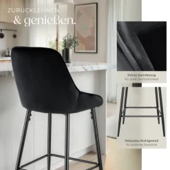 Thekenstuhl tectake Siera 49 x 54 x 100 cm, Belastbarkeit 120 kg gepolstert, weicher Bezug Samtoptik schwarz/schwarz