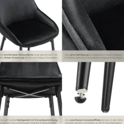 Thekenstuhl tectake Siera 49 x 54 x 100 cm, Belastbarkeit 120 kg gepolstert, weicher Bezug Samtoptik schwarz/schwarz