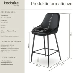Thekenstuhl tectake Siera 49 x 54 x 100 cm, Belastbarkeit 120 kg gepolstert, weicher Bezug Samtoptik schwarz/schwarz