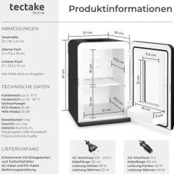 Tragbarer Mini-Kühlschrank tectake 27 x 31 x 41 cm 2 in 1 Kühl- und Heizfunktion schwarz