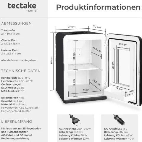 Tragbarer Mini-Kühlschrank tectake 27 x 31 x 41 cm 2 in 1 Kühl- und Heizfunktion schwarz