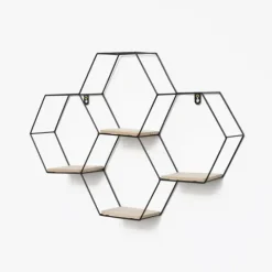 Vierfaches sechseckiges Wandregal aus Metall mit 4 Holzböden – 40,5 x 58 cm – Schwarz