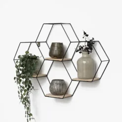 Vierfaches sechseckiges Wandregal aus Metall mit 4 Holzböden – 40,5 x 58 cm – Schwarz
