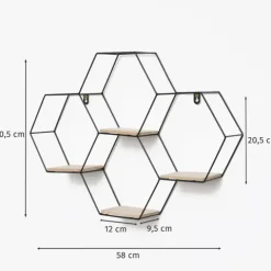 Vierfaches sechseckiges Wandregal aus Metall mit 4 Holzböden – 40,5 x 58 cm – Schwarz