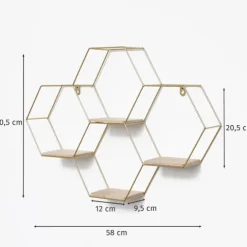 Vierfaches sechseckiges Wandregal aus Metall mit 4 Holzböden – 40,5 x 58 cm – Gold