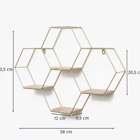 Vierfaches sechseckiges Wandregal aus Metall mit 4 Holzböden – 40,5 x 58 cm – Gold