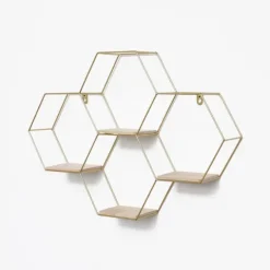 Vierfaches sechseckiges Wandregal aus Metall mit 4 Holzböden – 40,5 x 58 cm – Gold