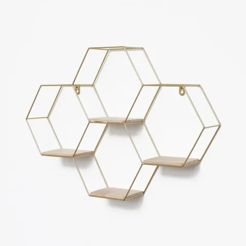 Vierfaches sechseckiges Wandregal aus Metall mit 4 Holzböden – 40,5 x 58 cm – Gold