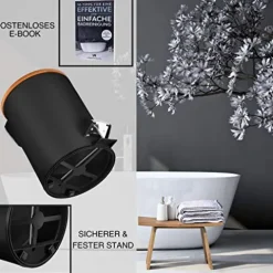 VMbathrooms 3L Kosmetikeimer in edlem schwarzem Design | Tretmülleimer mit Absenkautomatik (Soft Close) | Eleganter Eimer fürs Bad mit Innenbehälter und Bambus-Holzdeckel