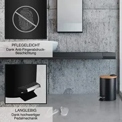 VMbathrooms 3L Kosmetikeimer in edlem schwarzem Design | Tretmülleimer mit Absenkautomatik (Soft Close) | Eleganter Eimer fürs Bad mit Innenbehälter und Bambus-Holzdeckel