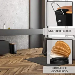 VMbathrooms 3L Kosmetikeimer in edlem schwarzem Design | Tretmülleimer mit Absenkautomatik (Soft Close) | Eleganter Eimer fürs Bad mit Innenbehälter und Bambus-Holzdeckel