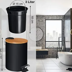 VMbathrooms 3L Kosmetikeimer in edlem schwarzem Design | Tretmülleimer mit Absenkautomatik (Soft Close) | Eleganter Eimer fürs Bad mit Innenbehälter und Bambus-Holzdeckel