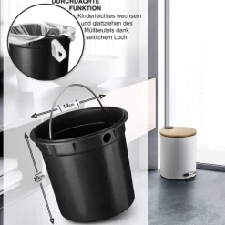 VMbathrooms 5L Kosmetikeimer in edlem weißem Design | Tretmülleimer mit Absenkautomatik (Soft Close) | Eleganter Eimer fürs Bad mit Innenbehälter und Bambus-Holzdeckel