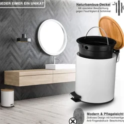 VMbathrooms 5L Kosmetikeimer in edlem weißem Design | Tretmülleimer mit Absenkautomatik (Soft Close) | Eleganter Eimer fürs Bad mit Innenbehälter und Bambus-Holzdeckel