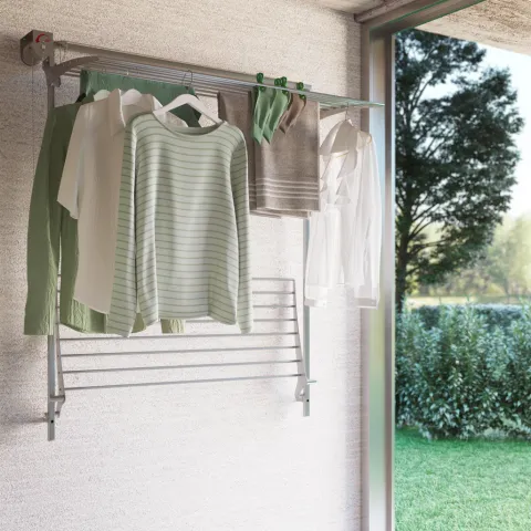 Wand-Wäscheständer Foxydry Wall 128 cm aus Aluminium – klappbar, platzsparend, Trockenlänge 19.2 m