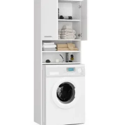 Waschmaschinenschrank AKORD FIN Badschrank Weiß 64 cm breit 2 Türen 4 Ebenen B64 x H180 x T30 cm