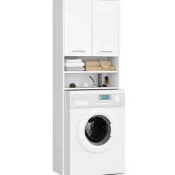 Waschmaschinenschrank AKORD FIN Badschrank Weiß 64 cm breit 2 Türen 4 Ebenen B64 x H180 x T30 cm