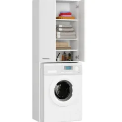 Waschmaschinenschrank AKORD FIN Badschrank Weiß 64 cm breit 2 Türen 4 Ebenen B64 x H180 x T30 cm