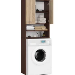 Waschmaschinenschrank AKORD FIN Badschrank Wenge 64 cm breit 2 Türen 4 Ebenen Front Sonoma-Eiche B64 x H180 x T30 cm