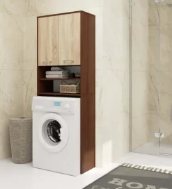 Waschmaschinenschrank AKORD FIN Badschrank Wenge 64 cm breit 2 Türen 4 Ebenen Front Sonoma-Eiche B64 x H180 x T30 cm