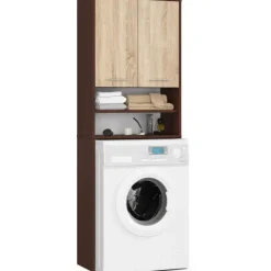 Waschmaschinenschrank AKORD FIN Badschrank Wenge 64 cm breit 2 Türen 4 Ebenen Front Sonoma-Eiche B64 x H180 x T30 cm