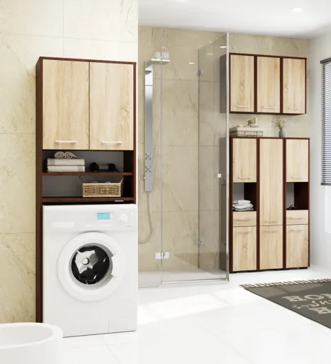 Waschmaschinenschrank AKORD FIN Badschrank Wenge 64 cm breit 2 Türen 4 Ebenen Front Sonoma-Eiche B64 x H180 x T30 cm