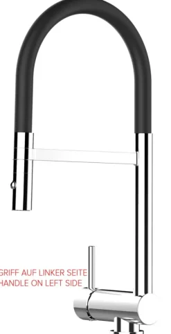 Wasserhahn Vorfenster Küchenarmatur, Umklappbar 6 CM, LINKER HEBEL, mit 360° schwenkbarem Auslauf abnehmbare 2 strahl Handbrause, Verchromt / Schwarz